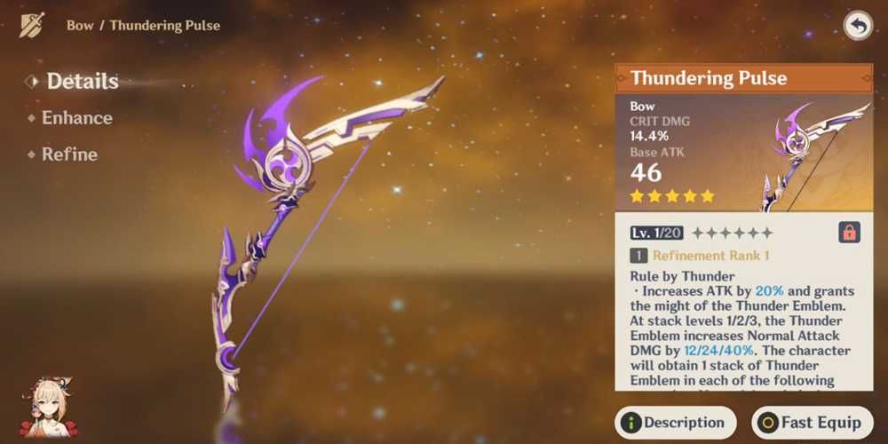 The Thundering Pulse bow's description in Genshin Impact.