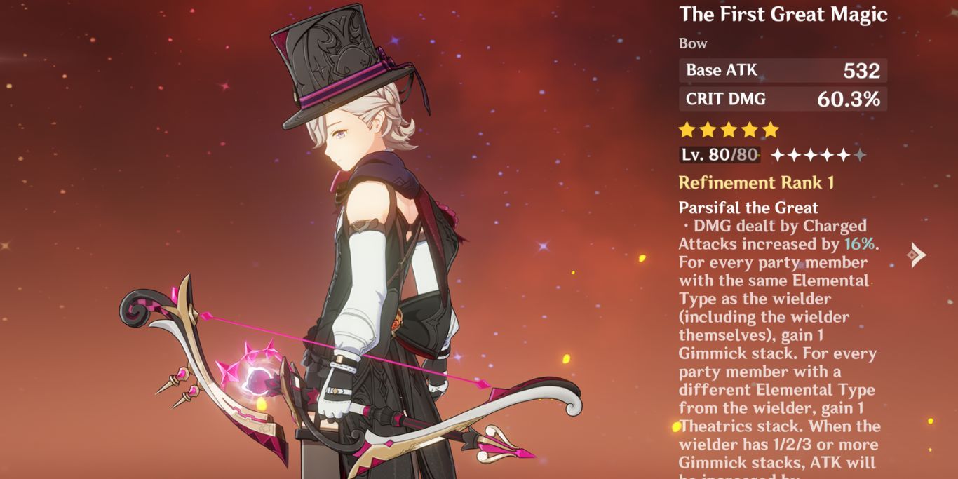 Genshin Impact's stat page featuring Lyney With The First Great Magic Bow.