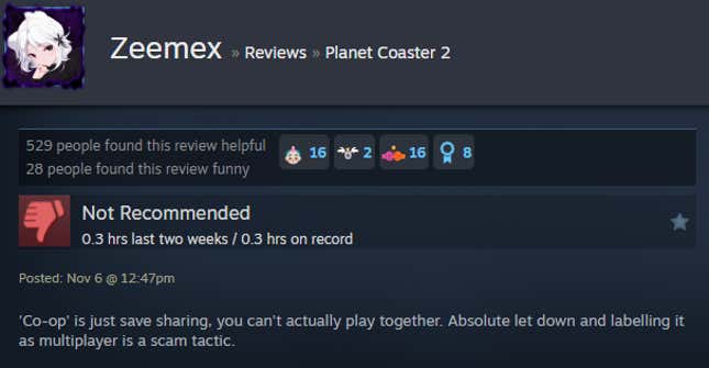 A screenshot shows a Steam user review of Planet Coaster 2.