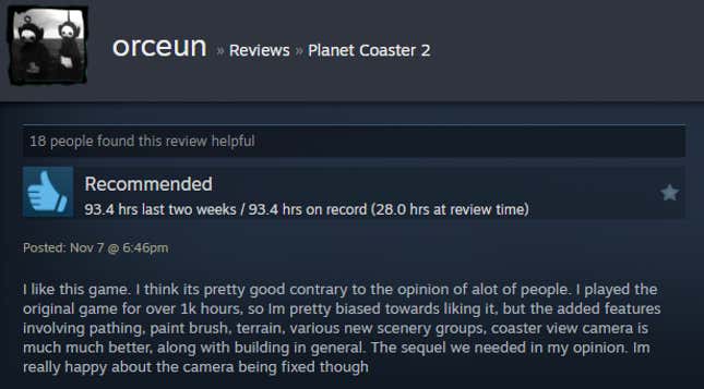 A screenshot shows a Steam user review of Planet Coaster 2.