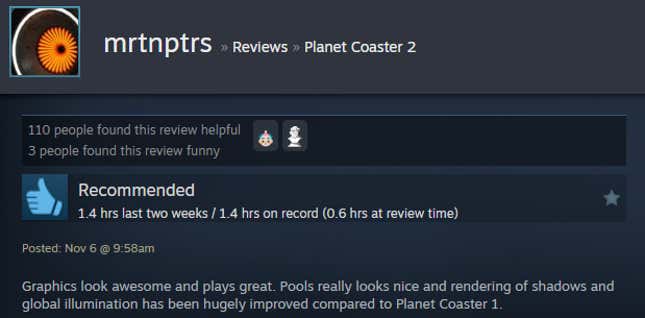 A screenshot shows a Steam user review of Planet Coaster 2.