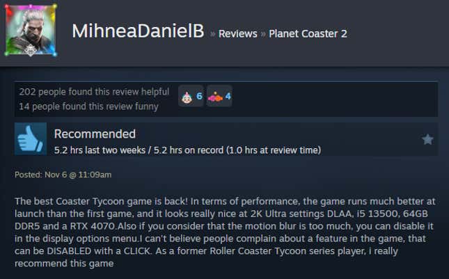 A screenshot shows a Steam user review of Planet Coaster 2.