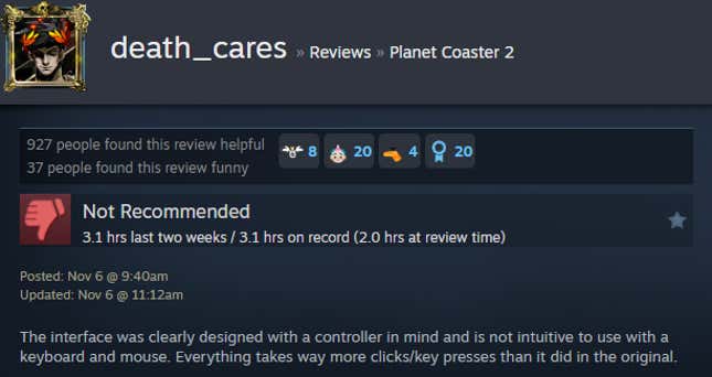 A screenshot shows a Steam user review of Planet Coaster 2.