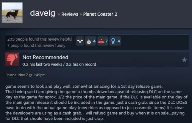 A screenshot shows a Steam user review of Planet Coaster 2.