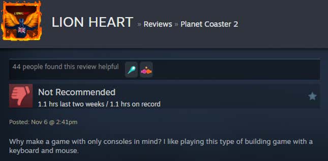 A screenshot shows a Steam user review of Planet Coaster 2.