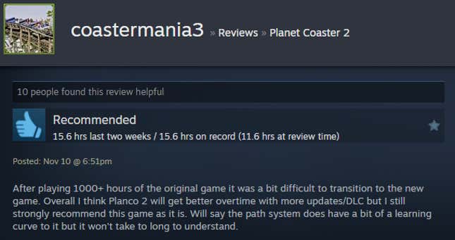 A screenshot shows a Steam user review of Planet Coaster 2.