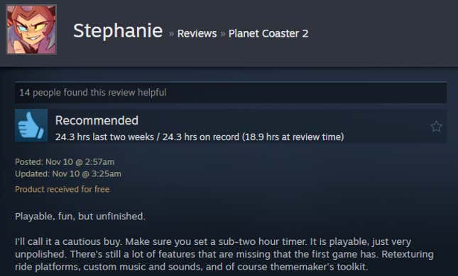 A screenshot shows a Steam user review of Planet Coaster 2.