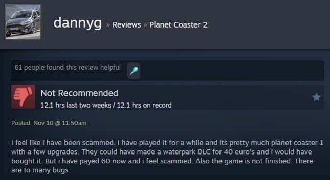 A screenshot shows a Steam user review of Planet Coaster 2.