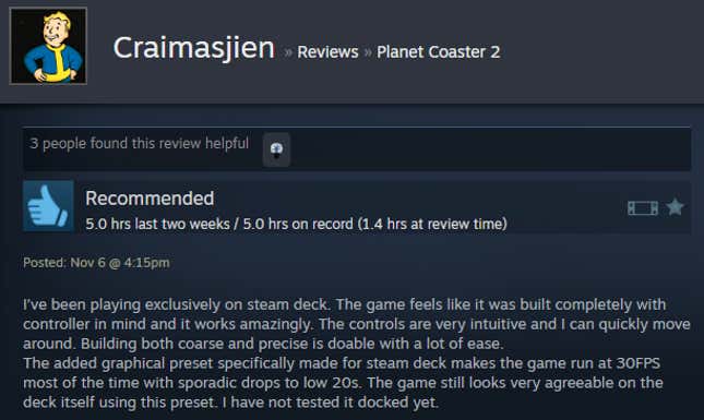 A screenshot shows a Steam user review of Planet Coaster 2.