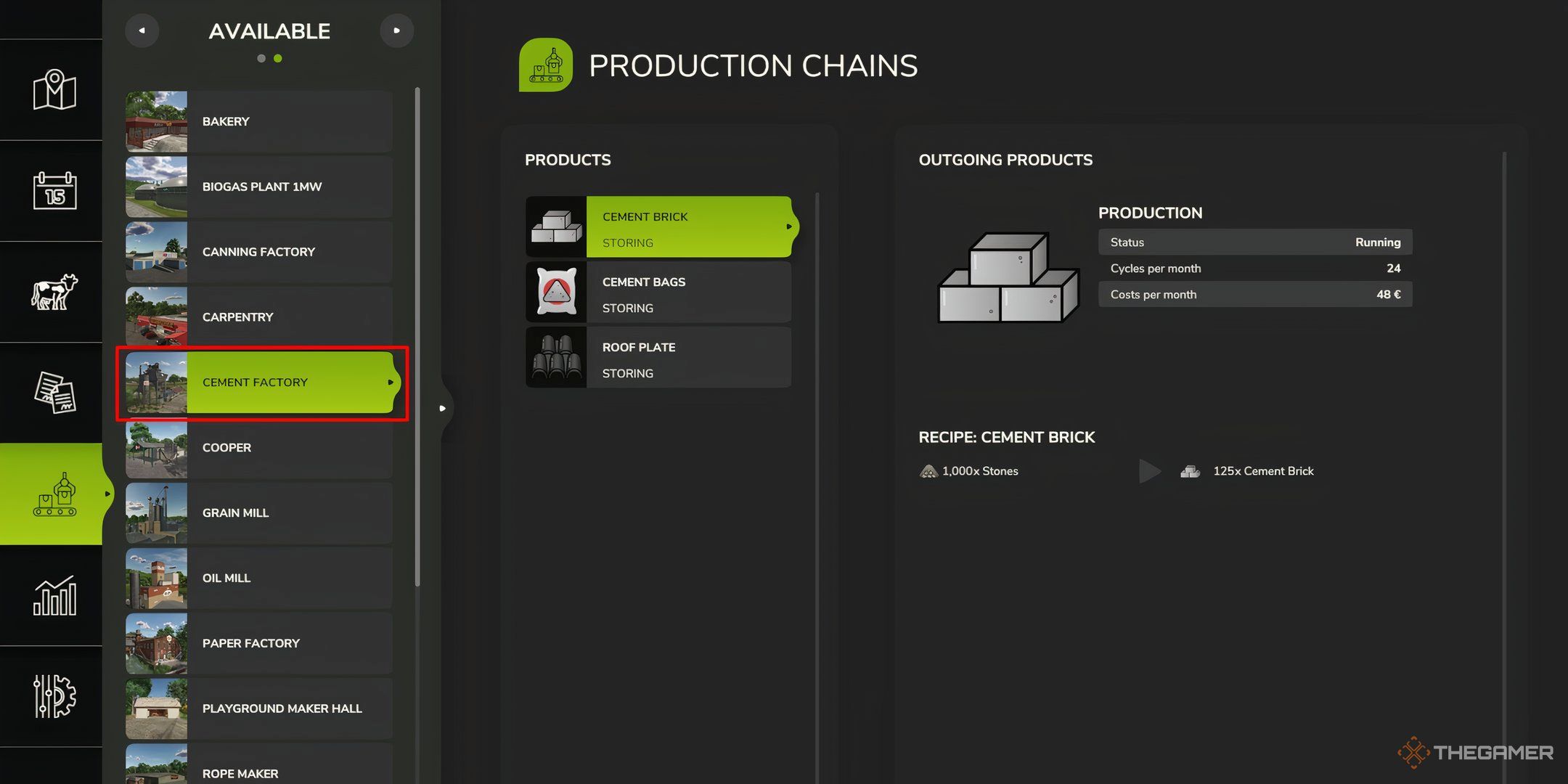 Showcasing the Cement Factory's products in Farming Simulator 25's Production Chain menu.