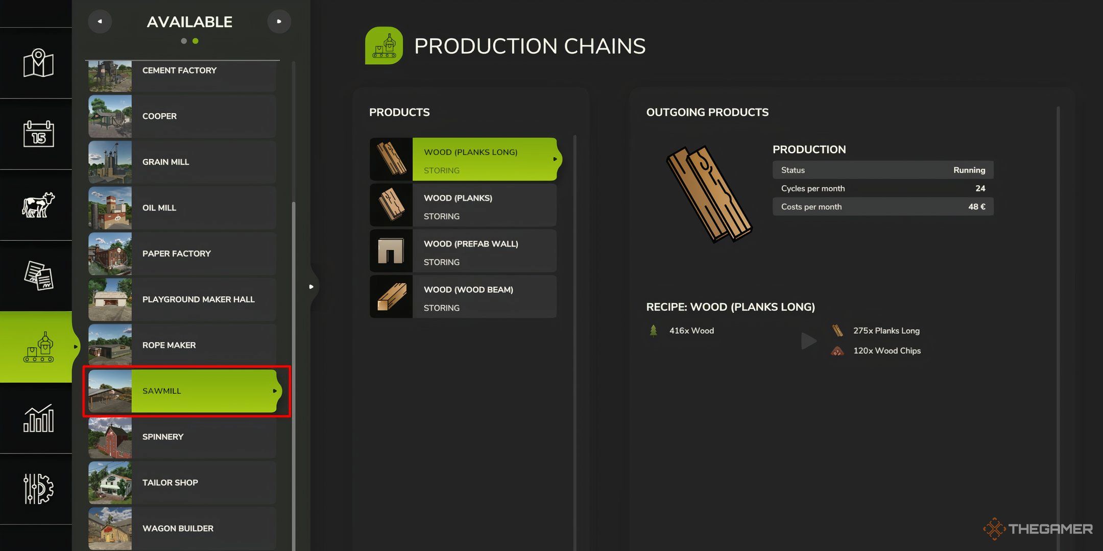 Showcasing the Sawmill's products in Farming Simulator 25's Production Chain menu.