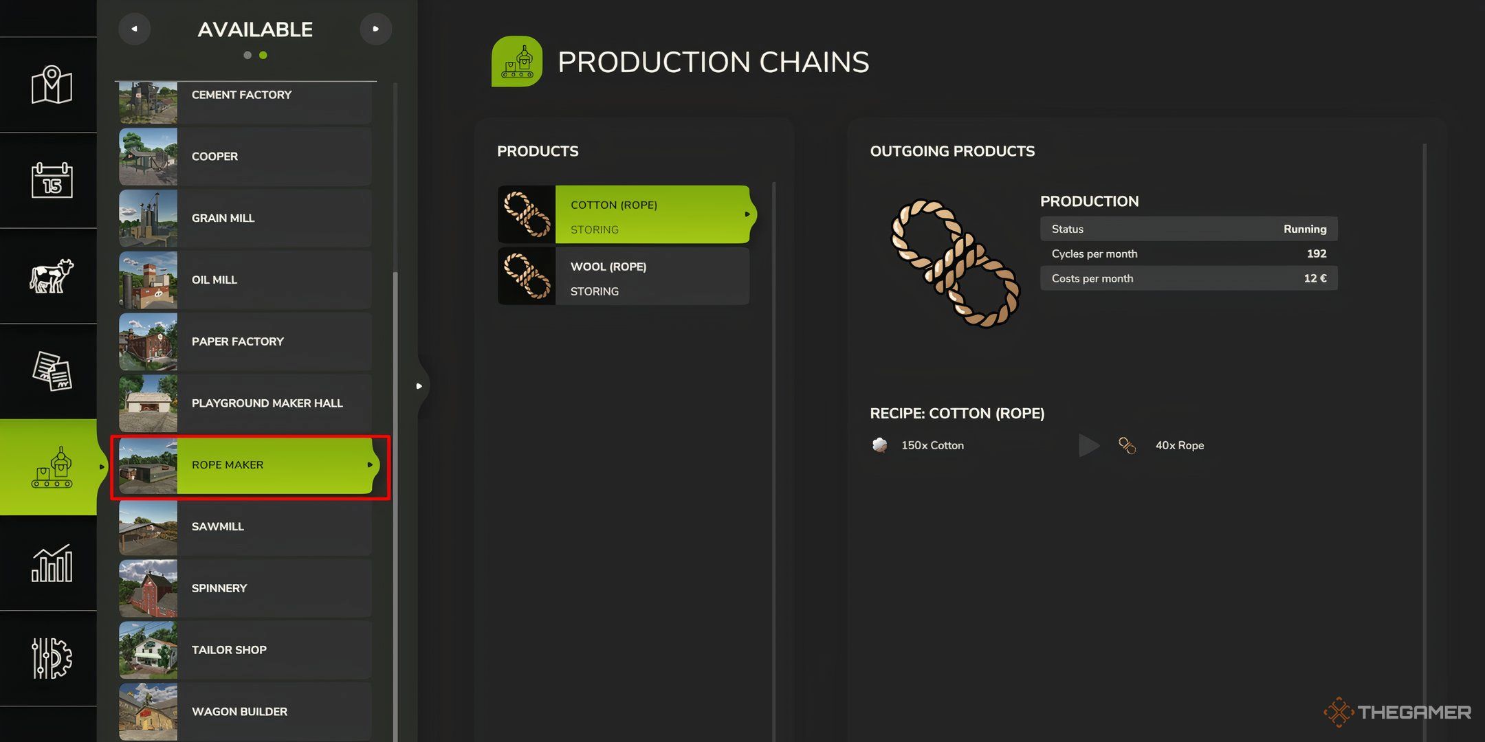 Showcasing the Rope Maker's products in Farming Simulator 25's Production Chain menu.