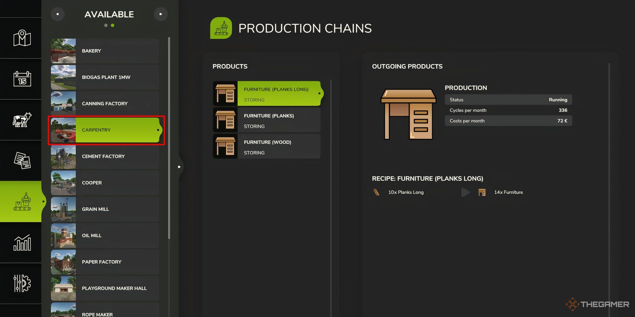 Showcasing the Carpentry's products in Farming Simulator 25's Production Chain menu.