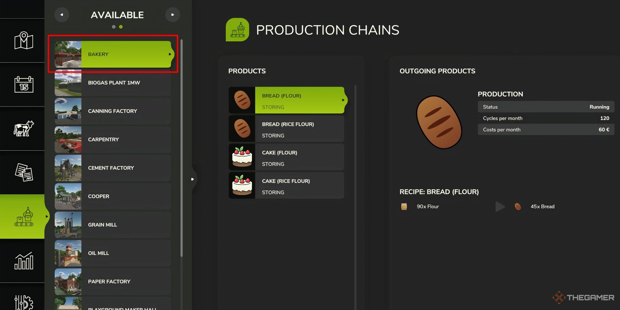 Showcasing the Bakery's products in Farming Simulator 25's Production Chain menu.