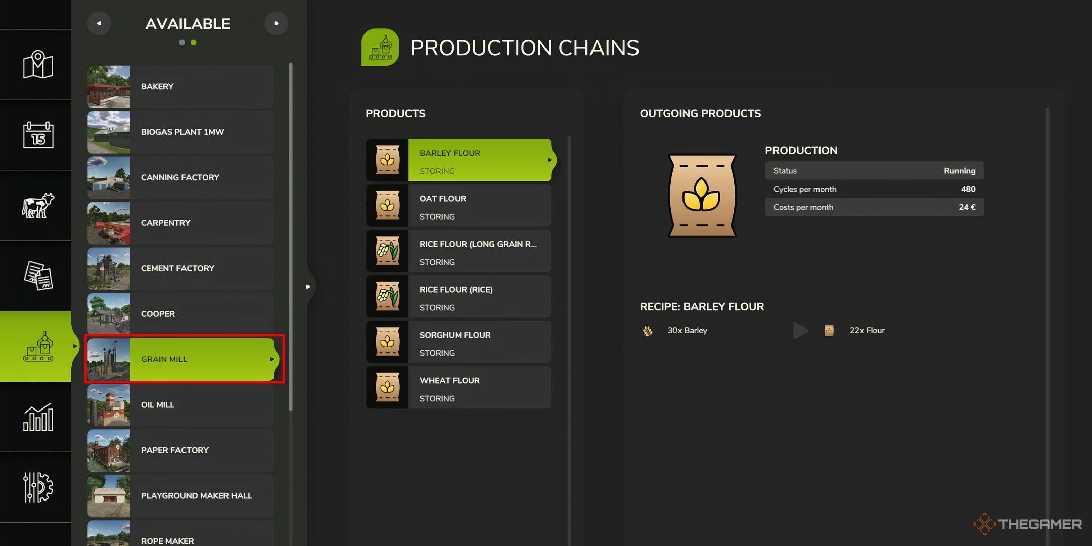 Showcasing the Grain Mill's products in Farming Simulator 25's Production Chain menu.