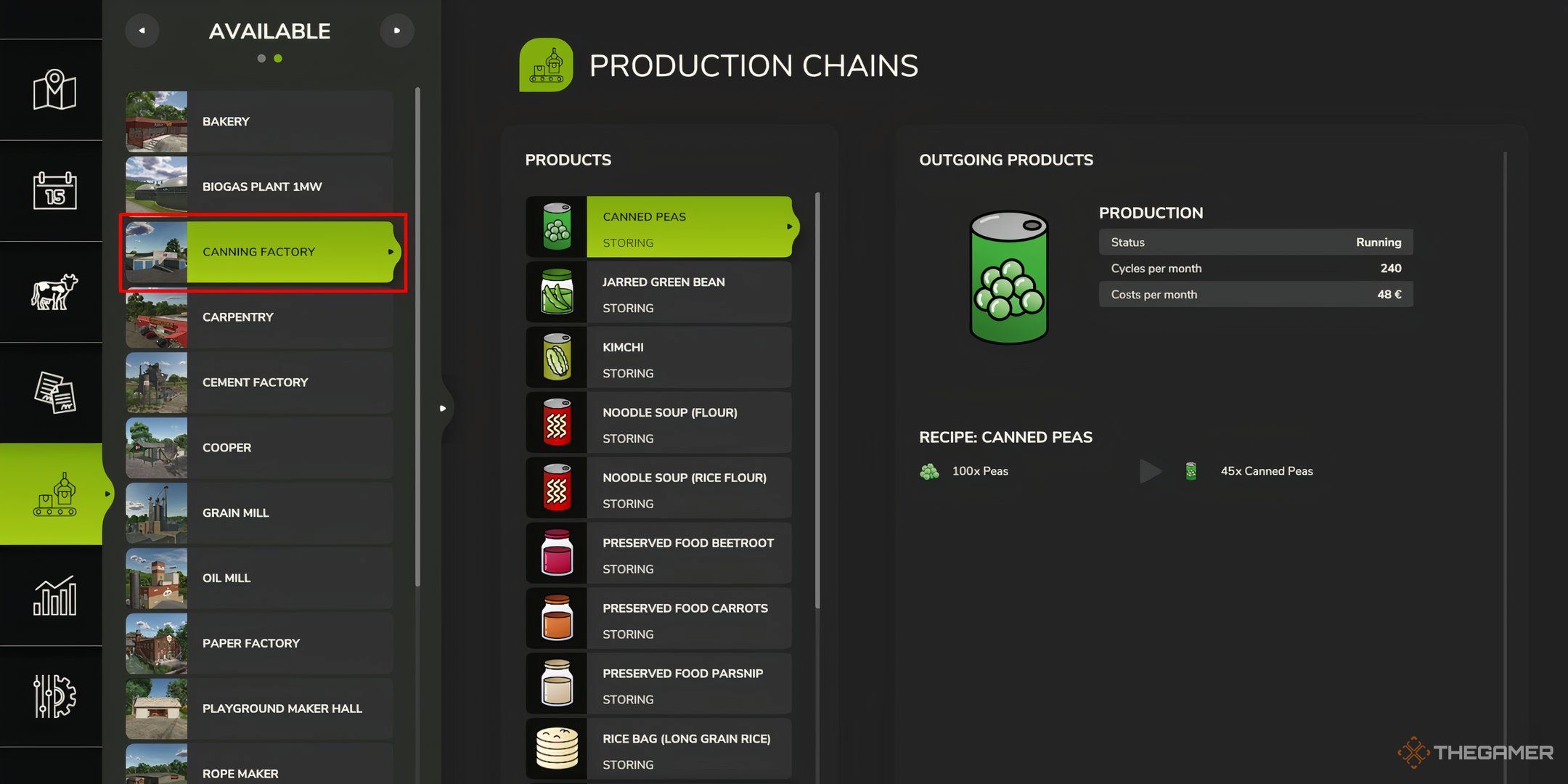 Showcasing the Canning Factory's products in Farming Simulator 25's Production Chain menu.