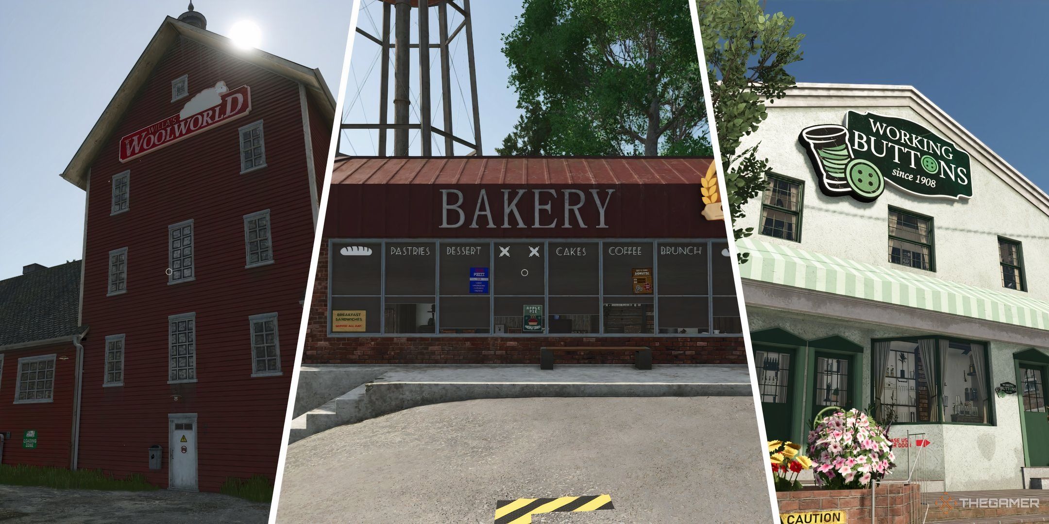 Standing outside three production chains, the bakery, spinnery, and tailor shop, in Farming Simulator 25.