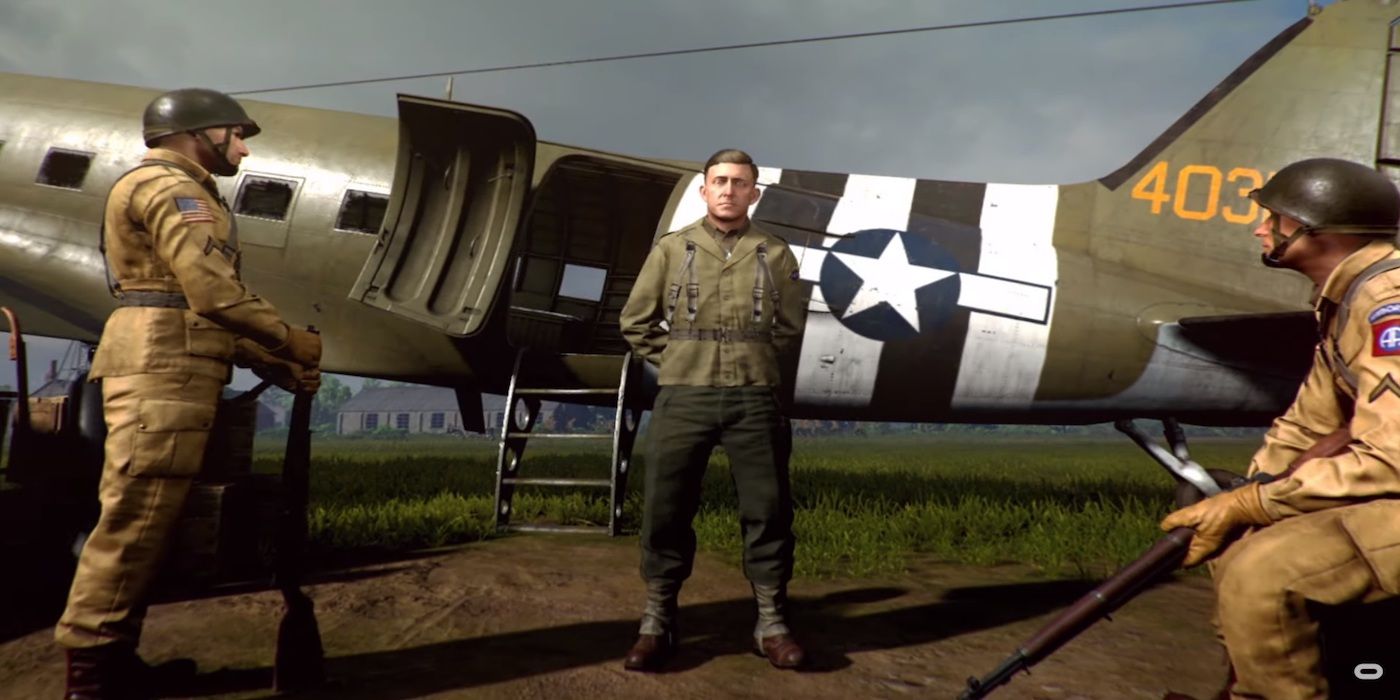 Two soldiers hold shotguns while a man emerges from an army plane in Medal of Honor: Above and Beyond.