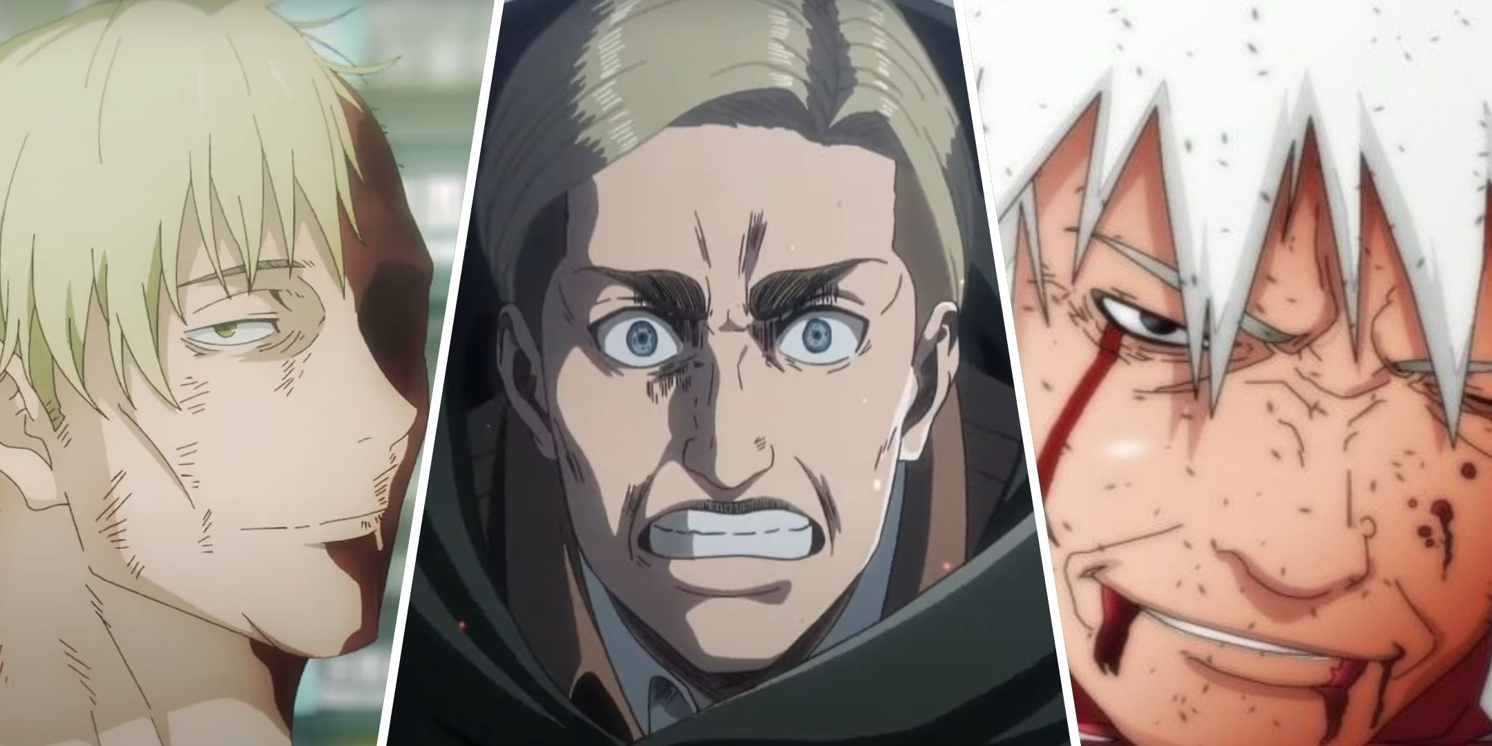 Split images of Nanami Kento from Jujutsu Kaisen, Erwin from Attack on Titan, and Jiraiya from Naruto.