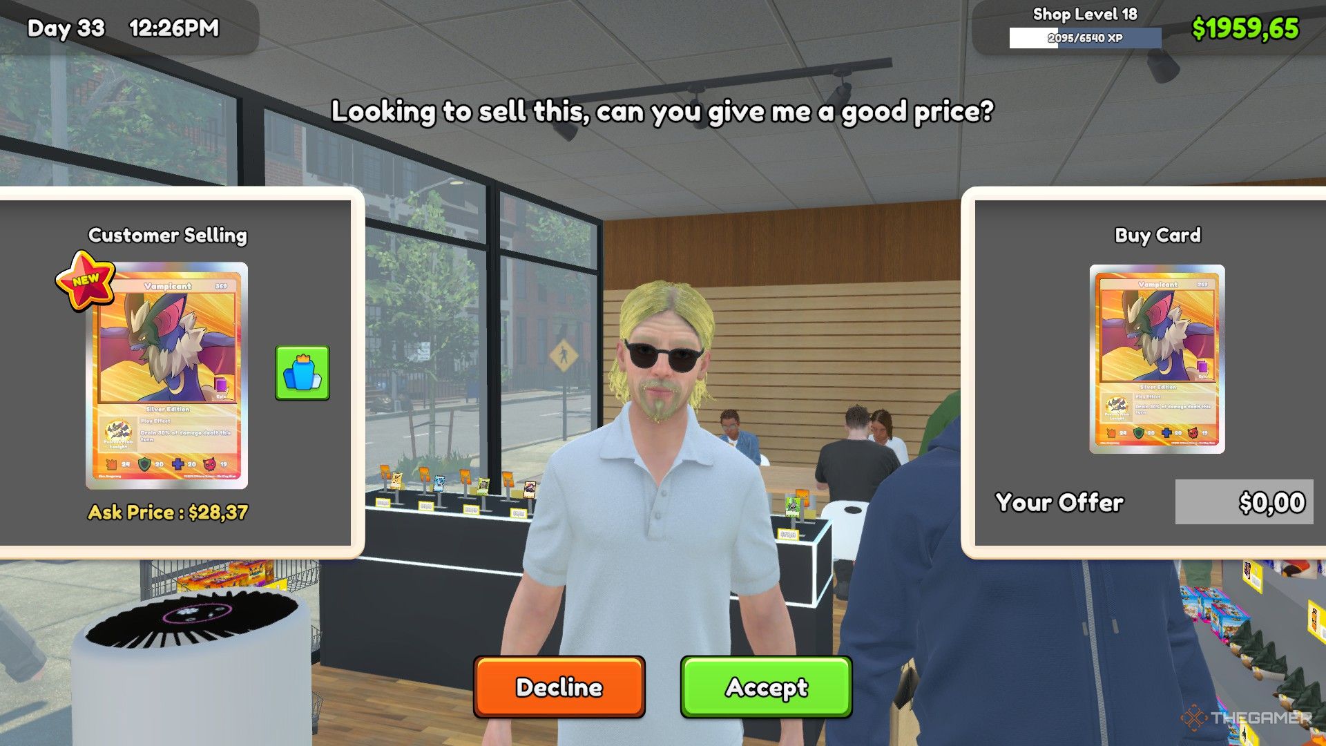 A customer sells a card to the player in TCG Card Shop Simulator.