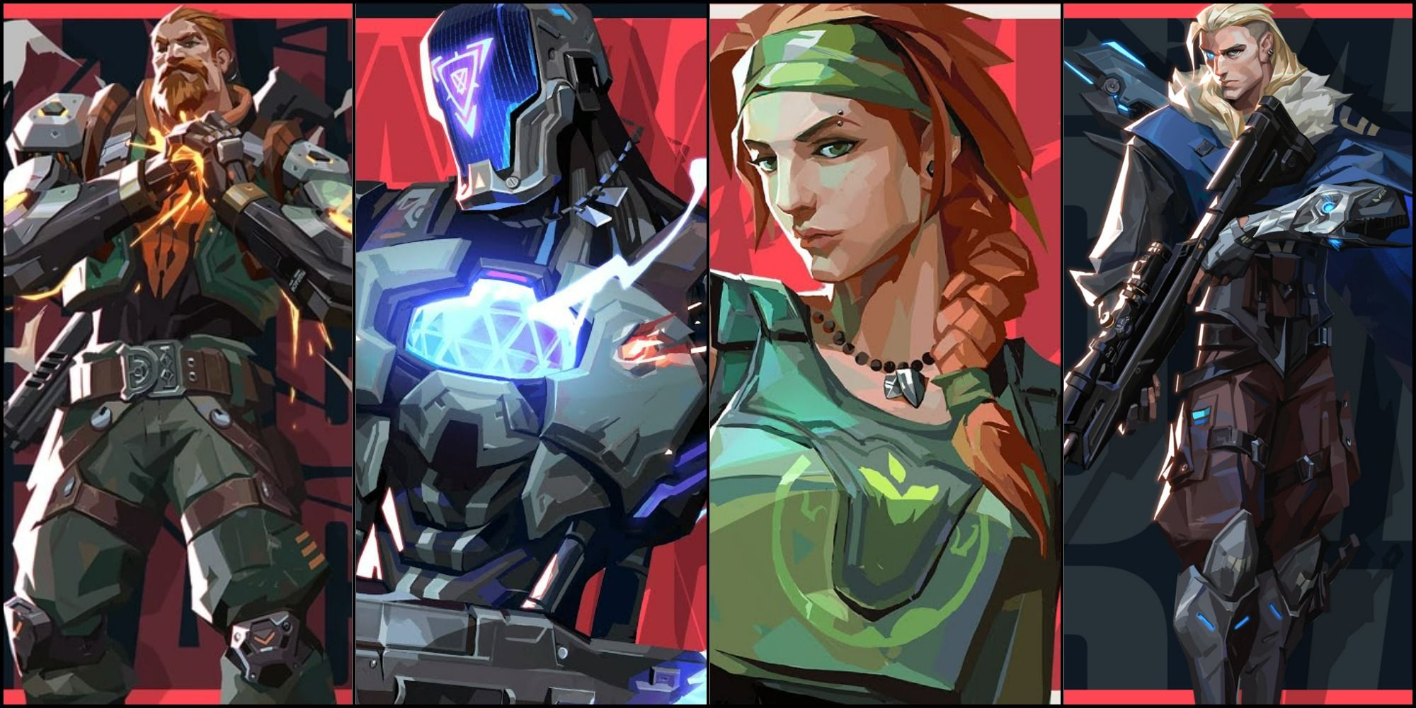 A Valorant feature image with all the initiator agents. From left to right: Breach, KAY/O, Skye and Sova