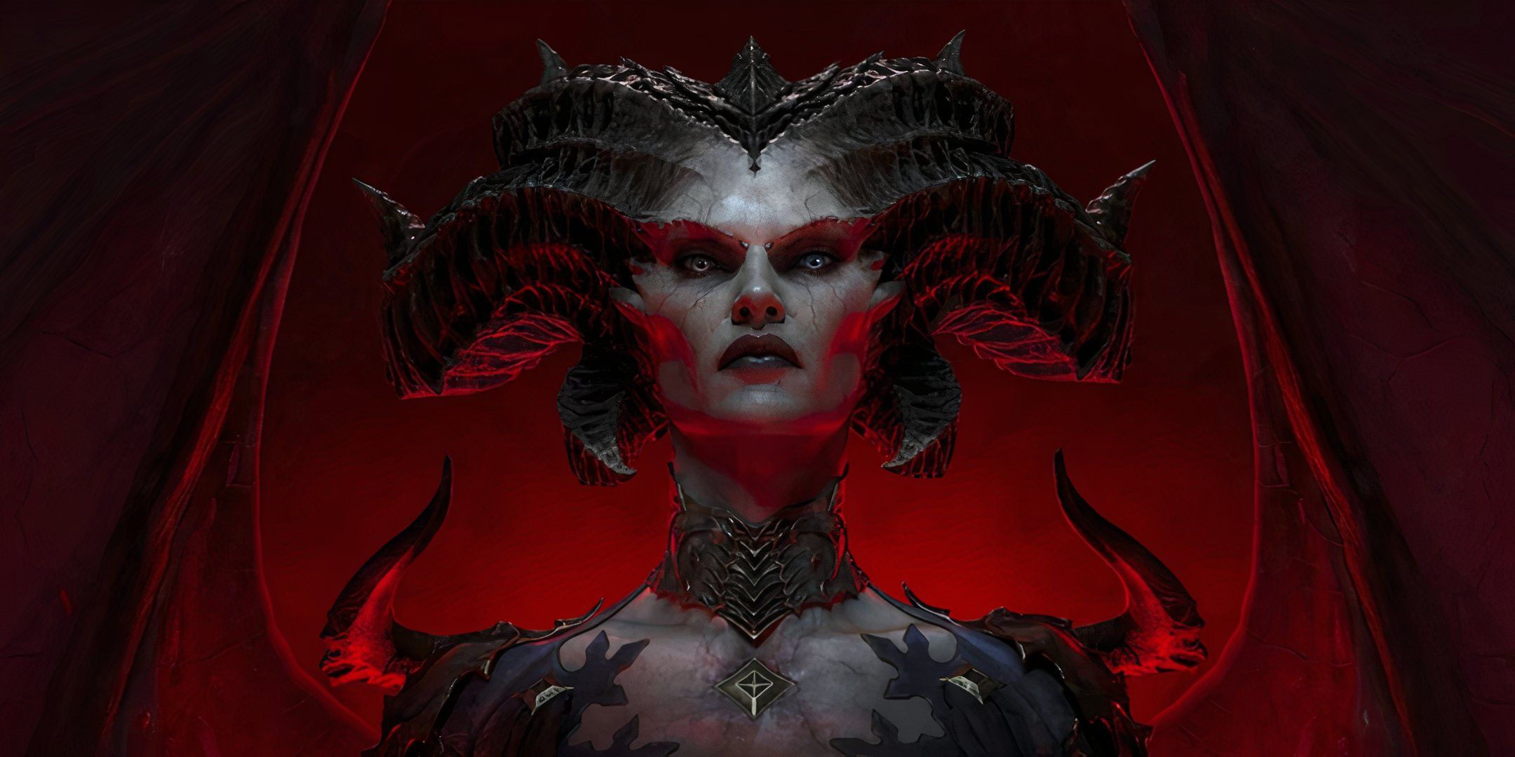 Lilith from Diablo 4 close up image with red background.