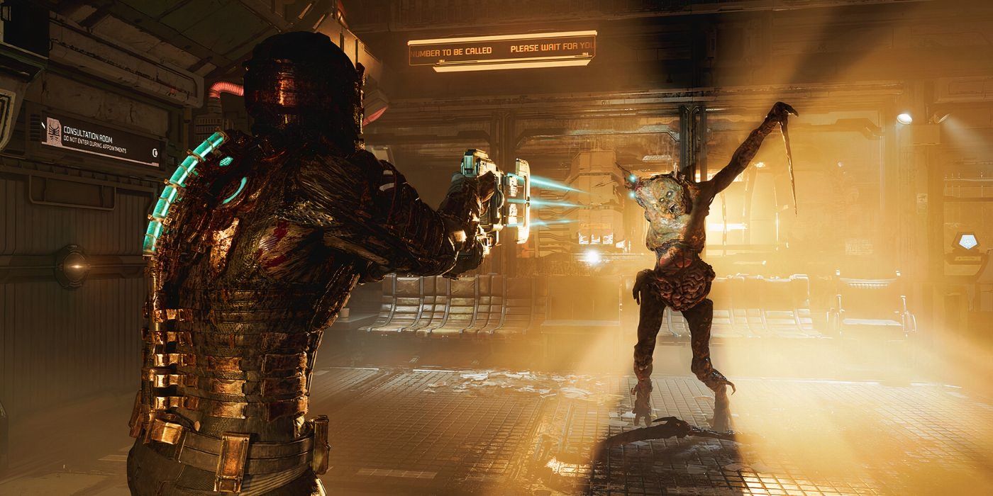 Isaac Clarke aiming the plasma cutter at a necromorph in Dead Space.