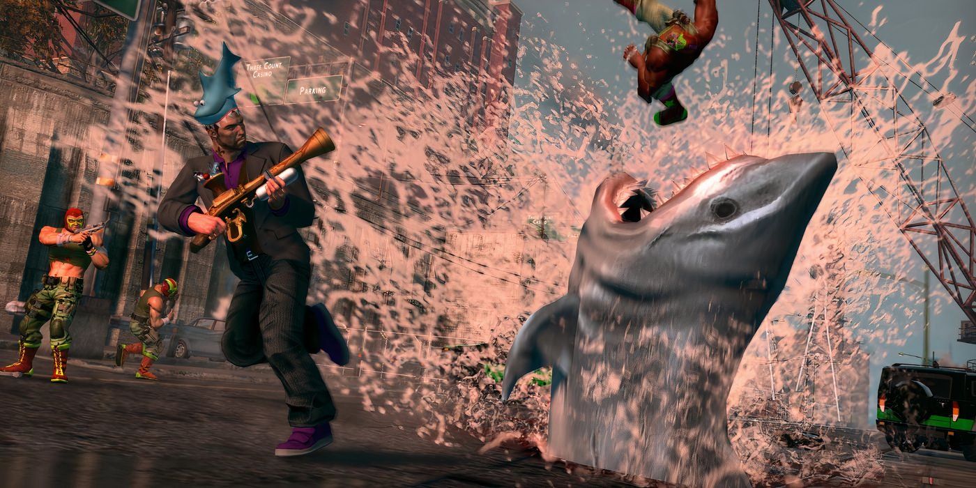 A giant shark erupting from the ground in Saints Row The Third.