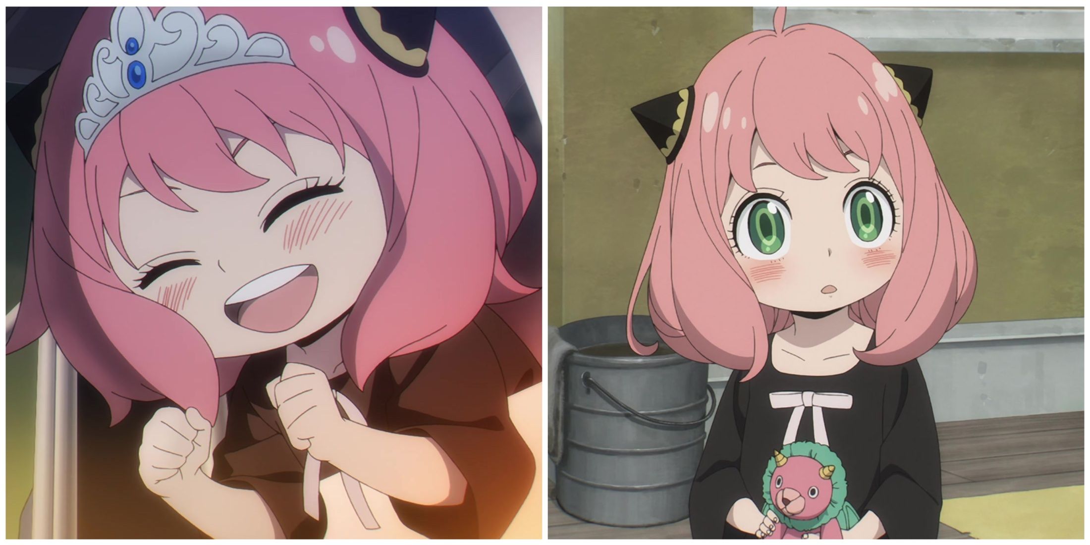 Split image of Anya getting excited and Anya about to be adopted by Loid in Spy x Family