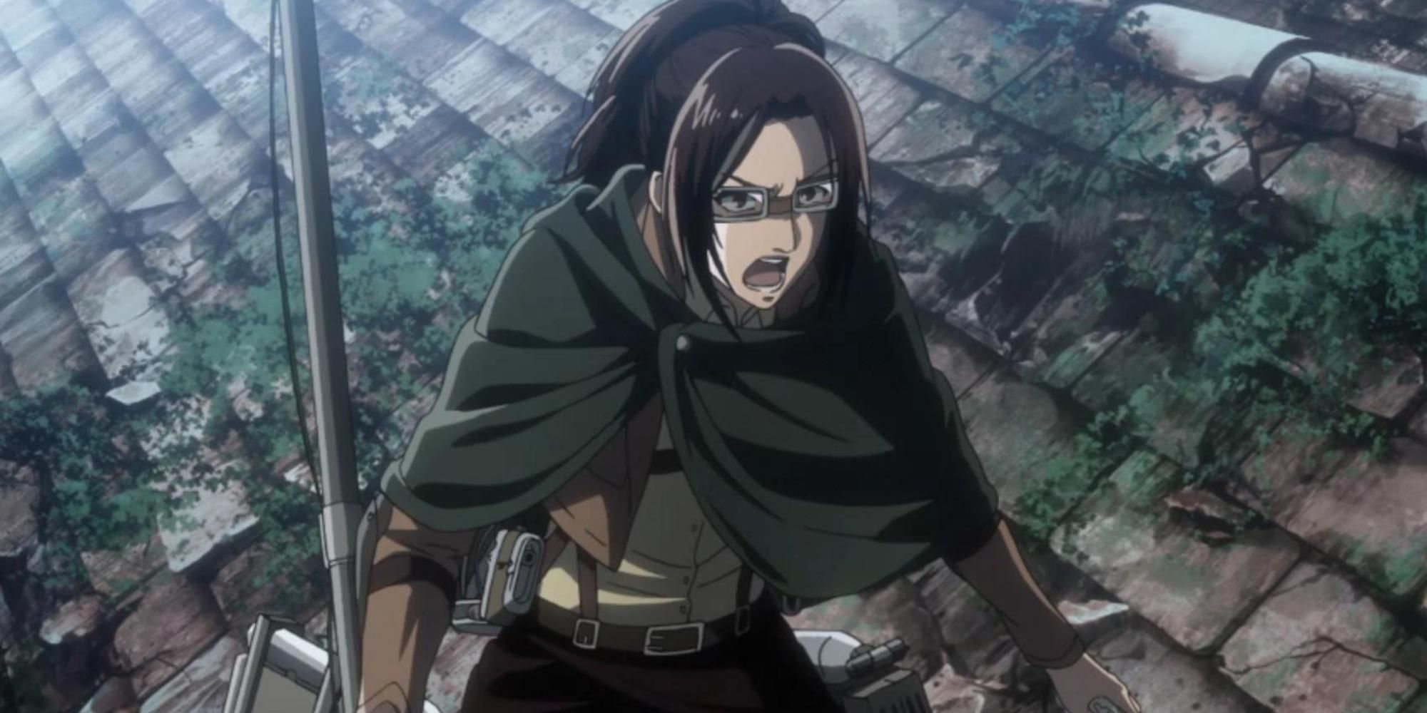 Hange Zoe duringn a battle in Attack on Titan