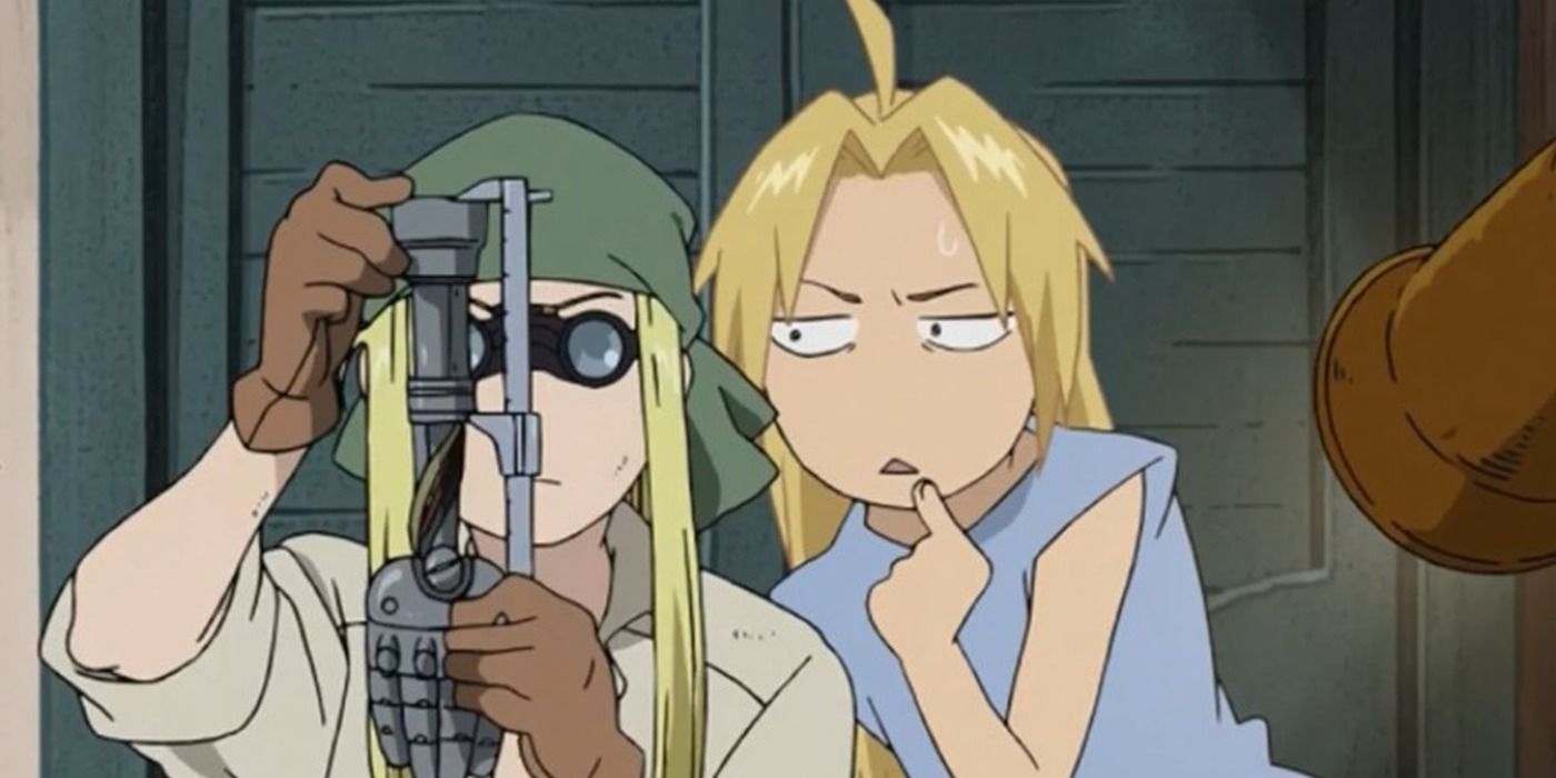 winry full metal alchemist looking through a scope with confused Edward