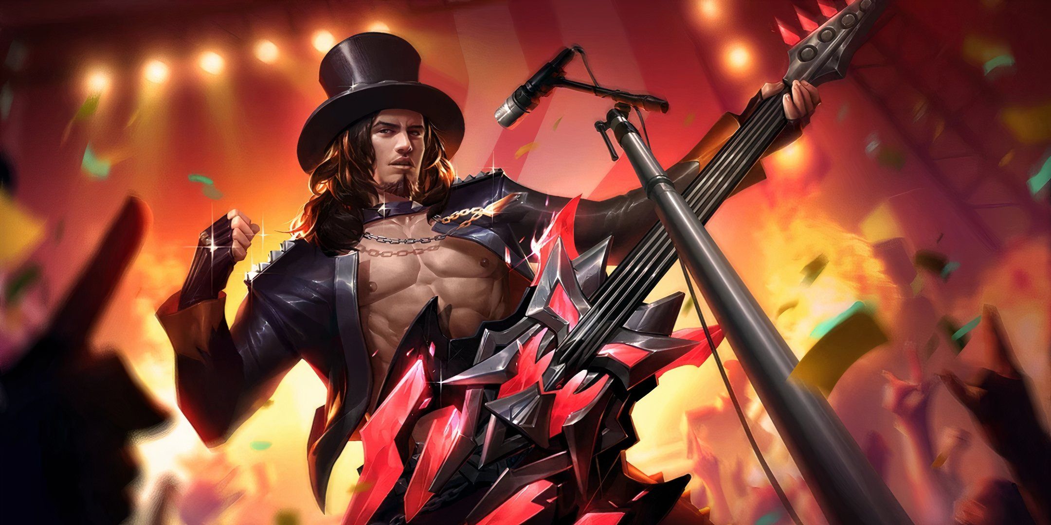 Clint performing rock n roll with his guitar in front of his audience in Mobile Legends.