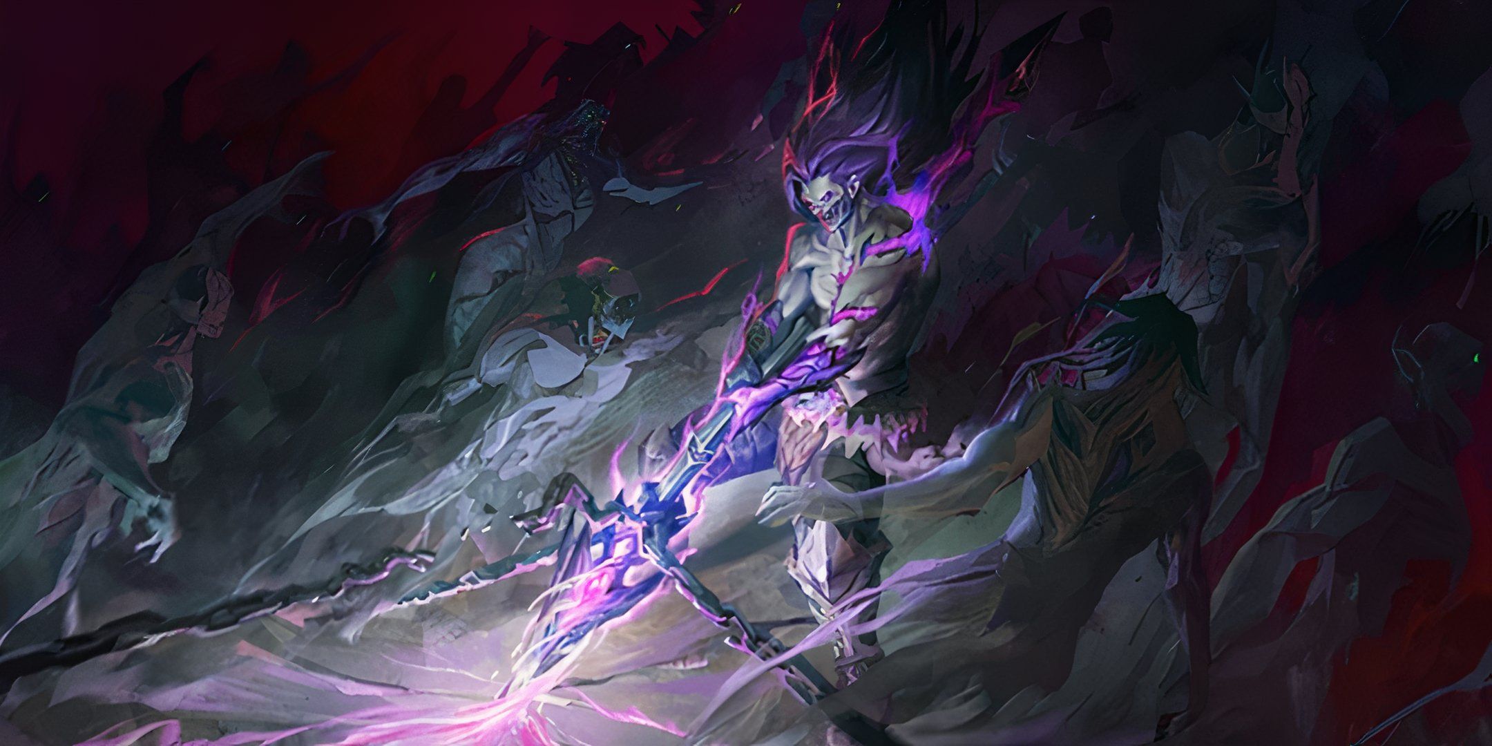 Moskov from Mobile Legends pulling his spear away from chains while surrounded by ghostly husks.