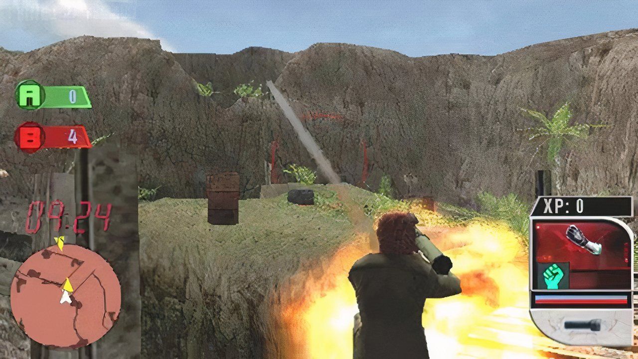 A third-person view of a character shooting a rocket launcher in Syphon Filter: Combat Ops.