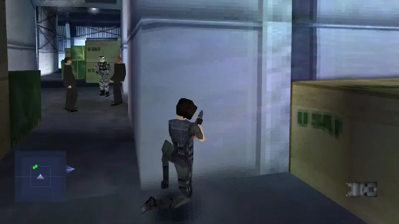 Lian ducks behind a wall while enemy characters have a conversation in Syphon Filter 2.