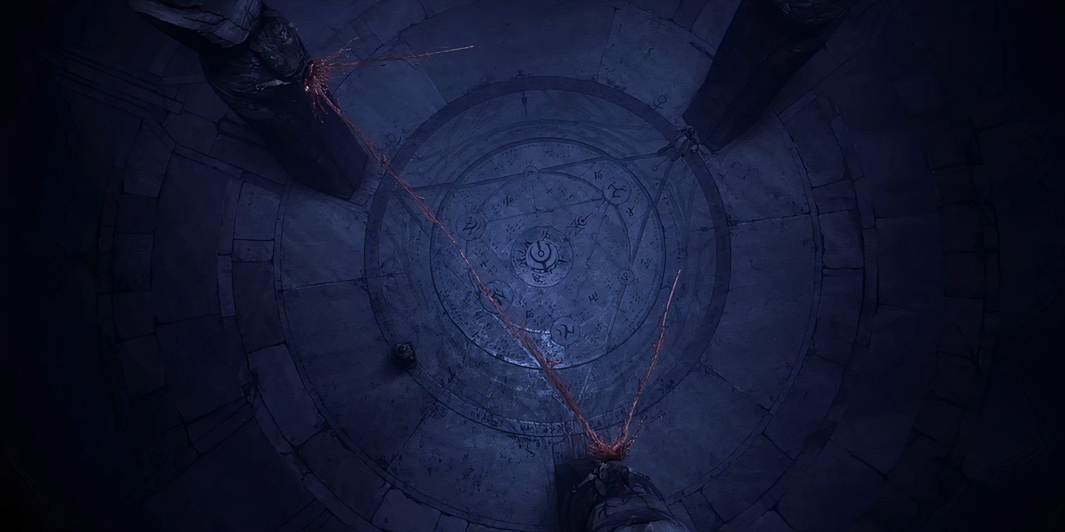 Screenshot of Diablo 4 intro cinematic with a pentagon on the floor.