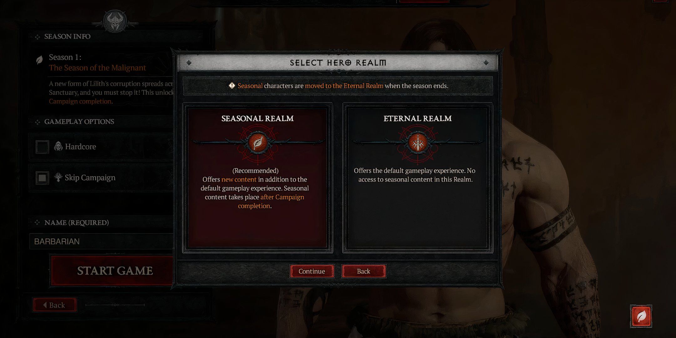 Screenshot of Diablo 4 hero realm menu.