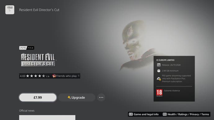 PSN screenshot showing Resident Evil Director's Cut available to buy