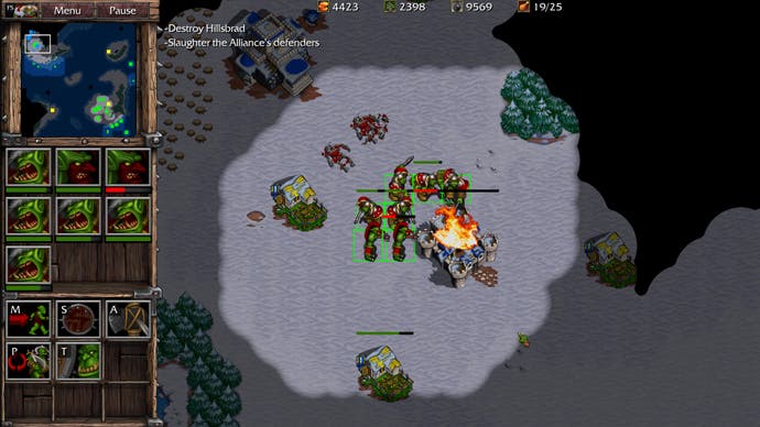 Orcs destroy a human barracks in the new graphics style in Warcraft 2 Remastered.