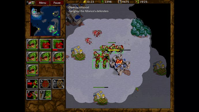 Orcs invade a human settlement in Warcraft 2 Remastered in the old graphics style.