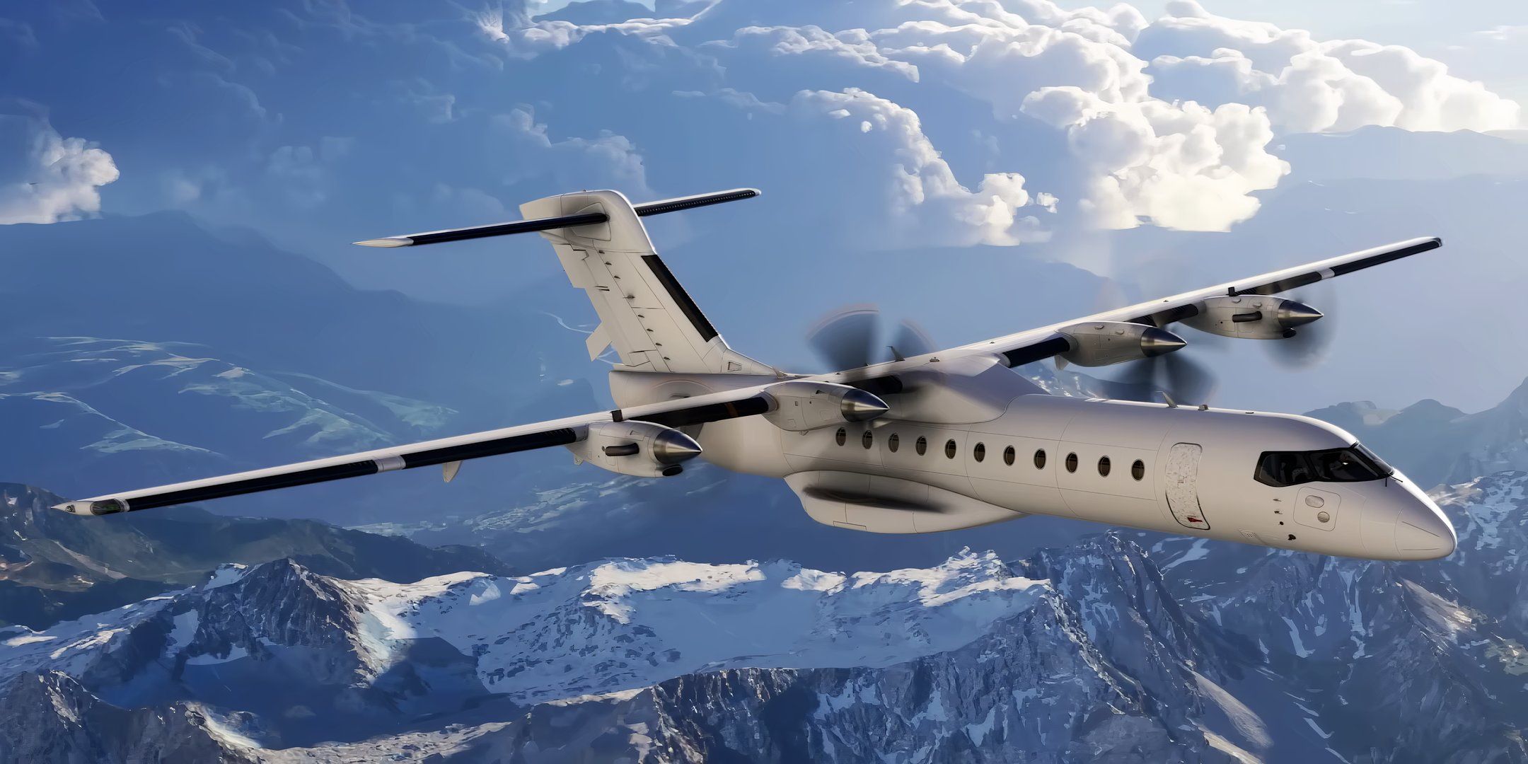 Microsoft Flight Simulator 2024 propeller plane flying over snowy mountains