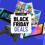 Nintendo Switch consoles with games and Pro controller on a blue background with Black Friday Deals badge