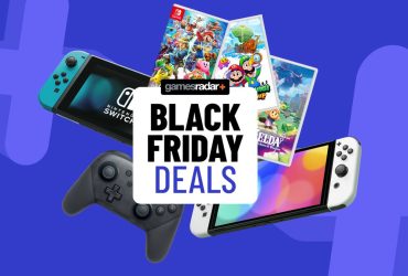 Nintendo Switch consoles with games and Pro controller on a blue background with Black Friday Deals badge