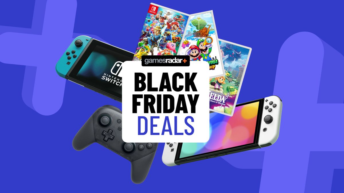 Nintendo Switch consoles with games and Pro controller on a blue background with Black Friday Deals badge