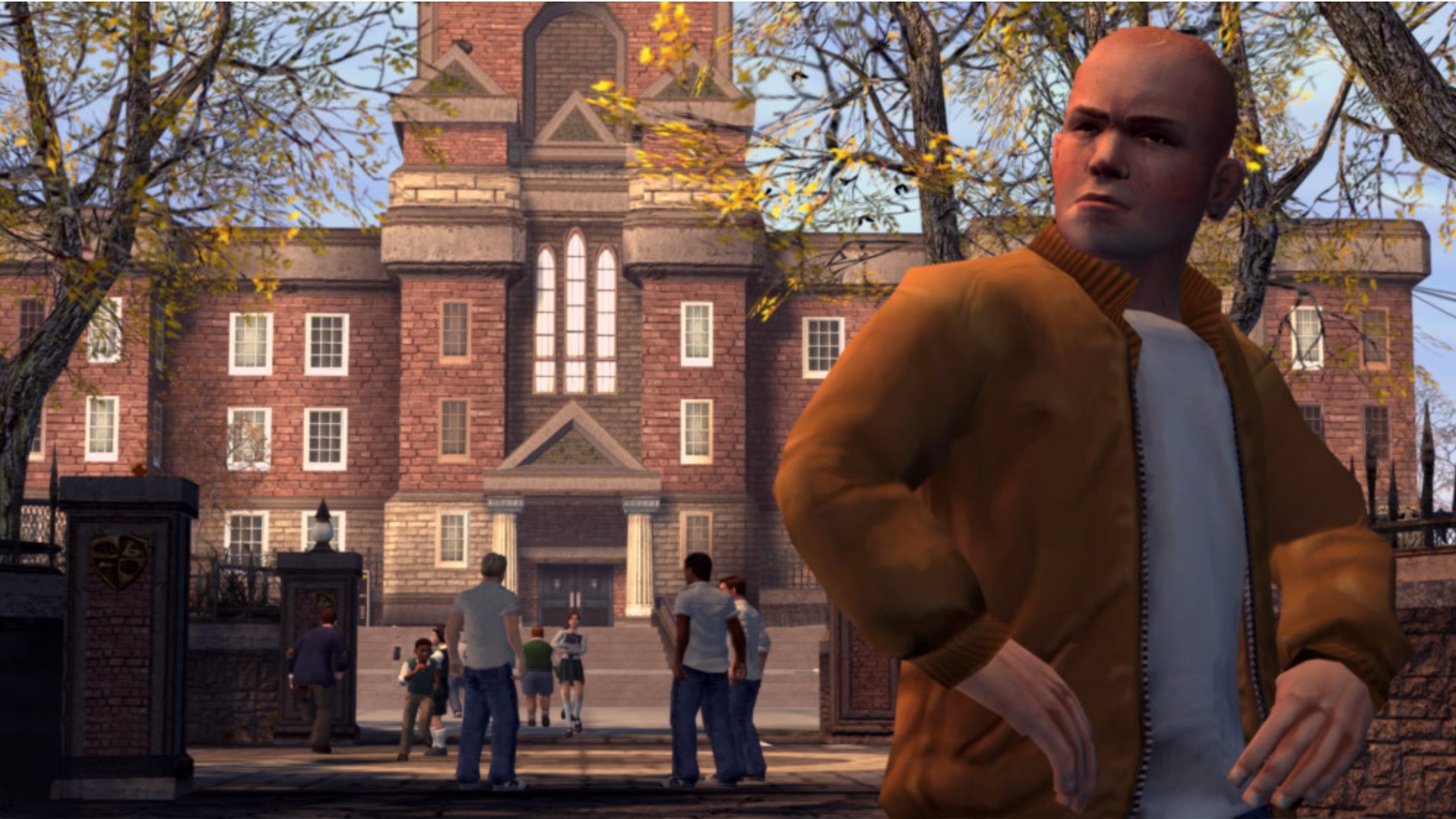 Bully: Scholarship Edition screenshot of Jimmy Hopkins standing with his hands on his hips outside Bullworth Academy