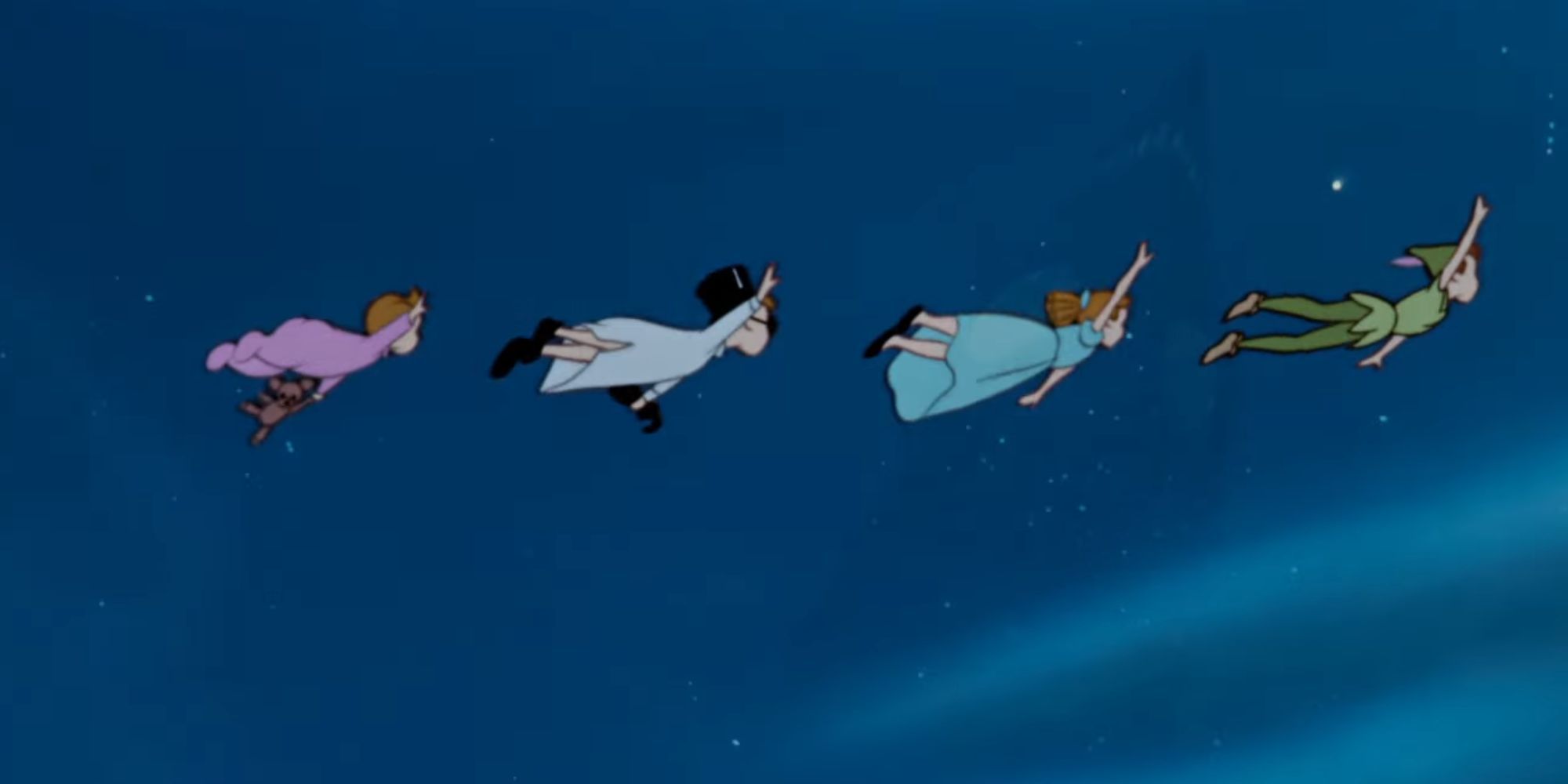 Peter Pan flying in the sky with Wendy and her siblings.