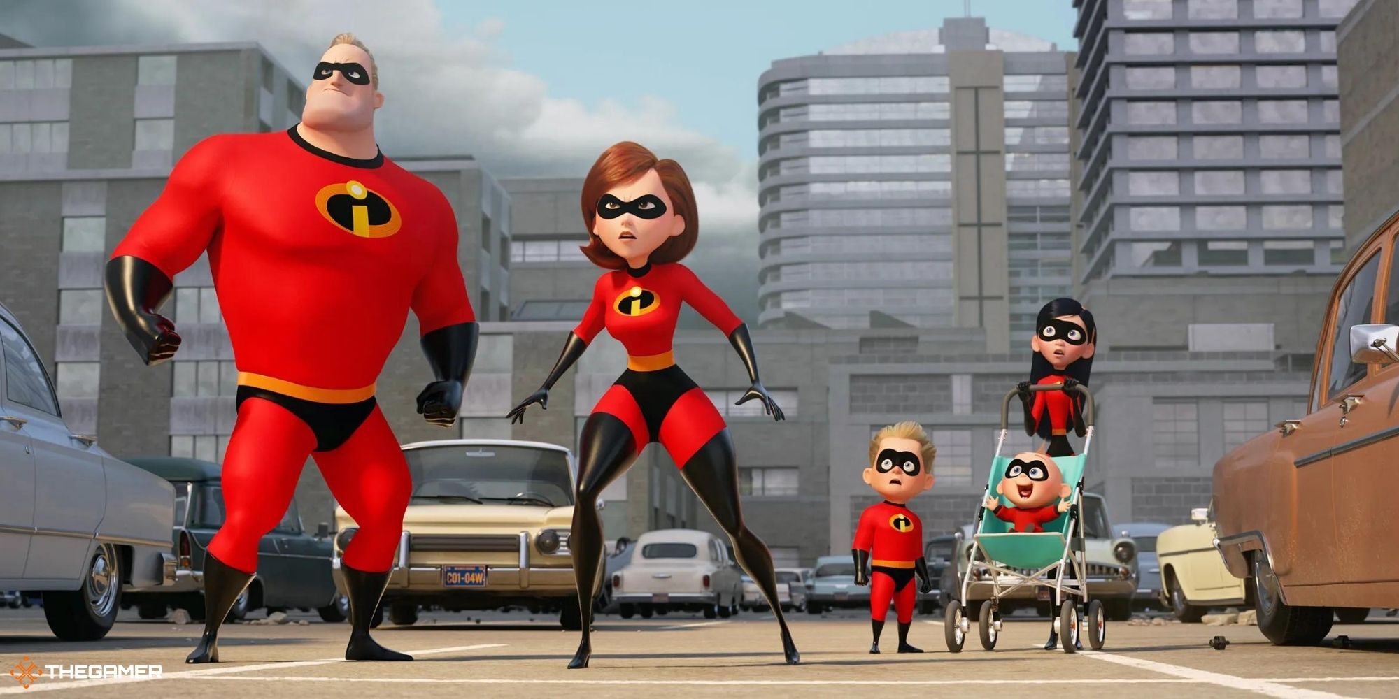 The five members of the Incredibles family standing on the street, looking at a threat in front of them.