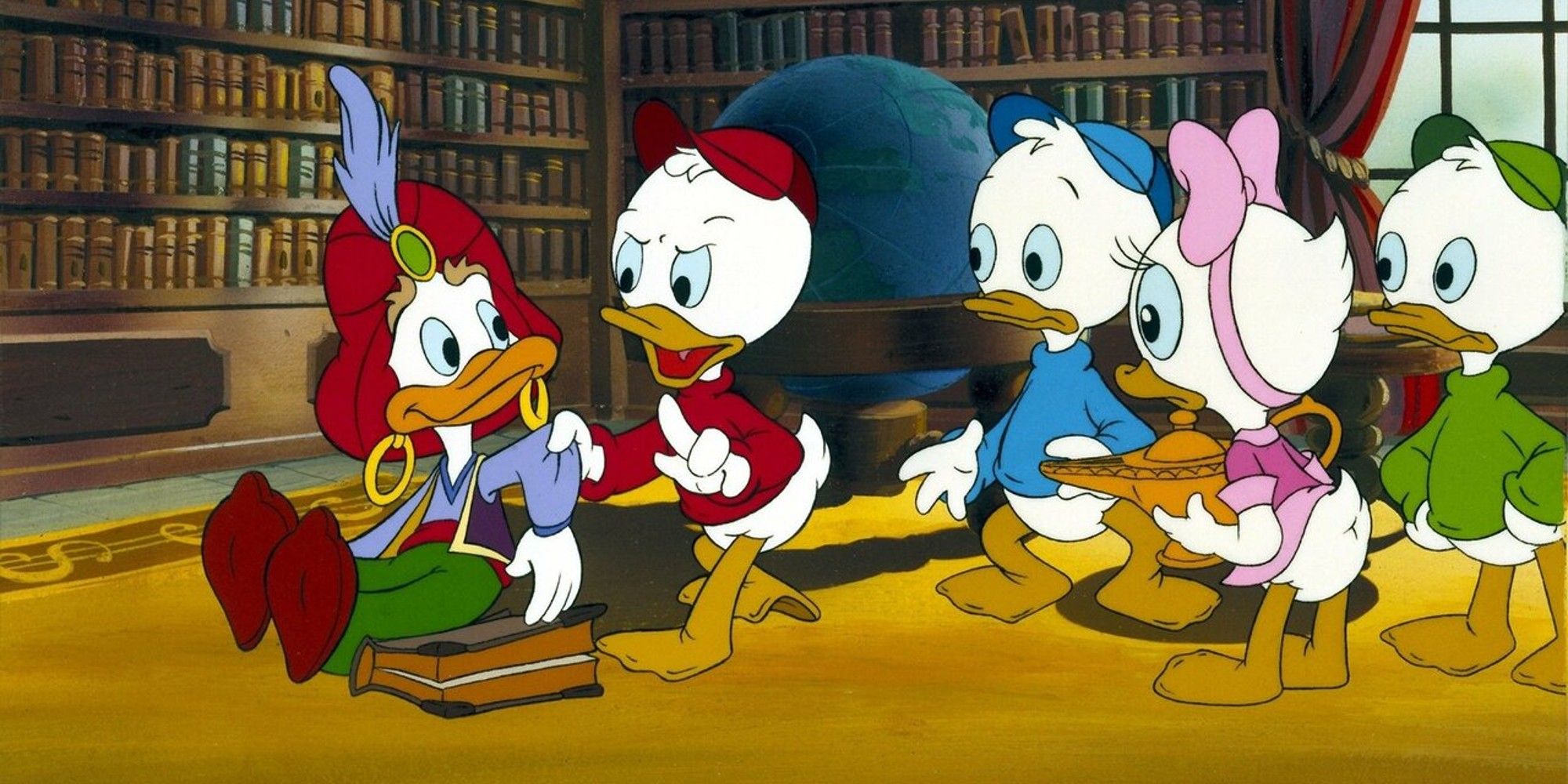 Huey, Dewey, Louie, and Webby summoning a genie in DuckTales the Movie.