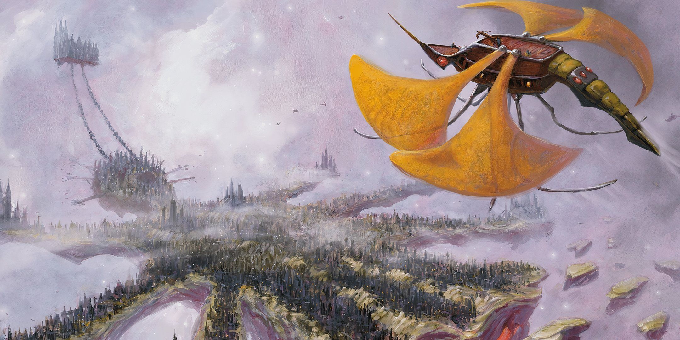 An alien ship in Dungeons & Dragons with yellow sails flies over a forest-like plane of existence in Dungeons & Dragons.