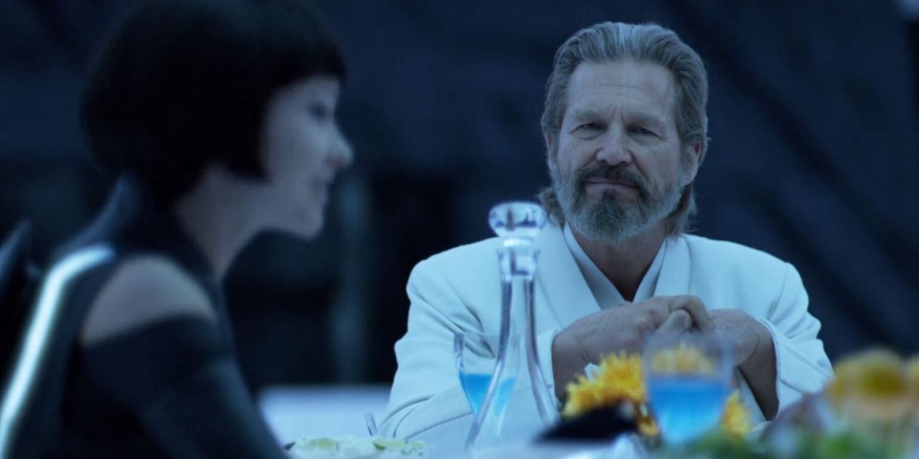 jeff bridges as kevin flynn and olivia wilde in tron legacy